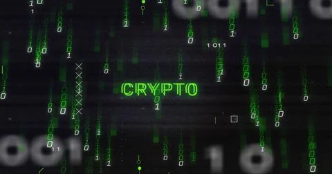 Image of crypto text and binary coding data processing over circuit board Foto stock