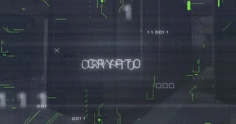 Image of crypto text and binary codes with circuit board pattern over data serve Stock Photos