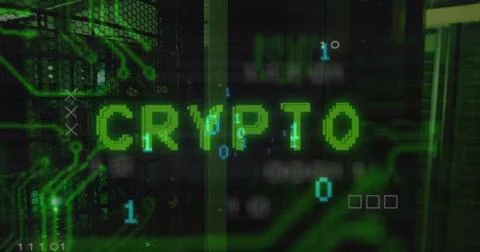 Image of crypto text and data processing over server room Stock Illustration