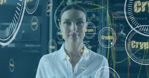 Image of crypto text and data processing over caucasian female it engineer by Stock Photos