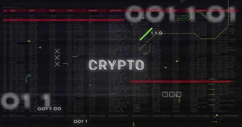 Image of crypto text and data processing over computer motherboard Stock-Fotos