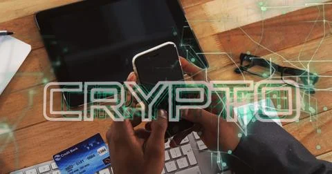 Image of crypto text and data processing over african american man using Foto stock