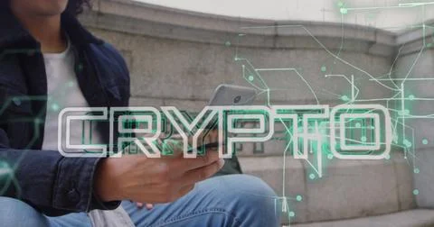 Image of crypto text and data processing over biracial man using smartphone Stock Photos