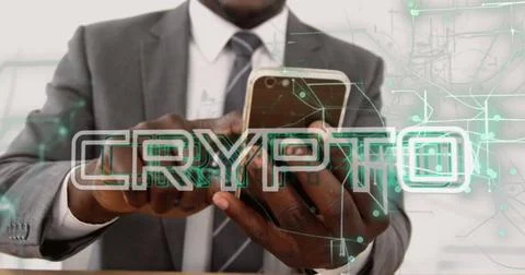 Image of crypto text and data processing over african american man using Stock Photos