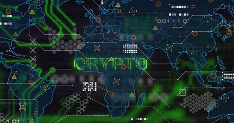 Image of crypto text and digital data processing over world map on black Stock Illustration
