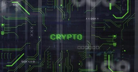Image of crypto text and electronic circuit board pattern over data server Stock Photos
