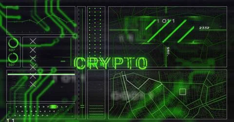 Image of crypto text banner over interface with data processing against black 写真素材