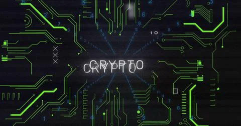 Image of crypto text with changing numbers and circuit board pattern against Stock Photos