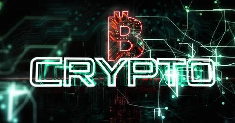 Image of crypto text over bitcoin icon with computer circuit board on black.. Foto stock