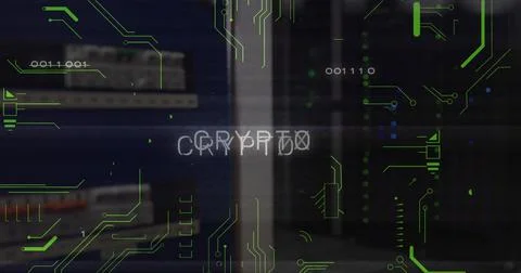 Image of crypto text over data processing and server room Stock Illustration