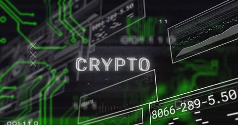 Image of crypto text over hud interface, glitch technique and circuit board 写真素材