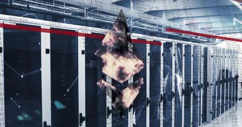 Image of cryptocurrency and data processing over computer servers Foto stock