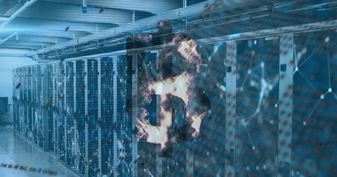 Image of cryptocurrency, binary coding and data processing over computer servers Stock Photos