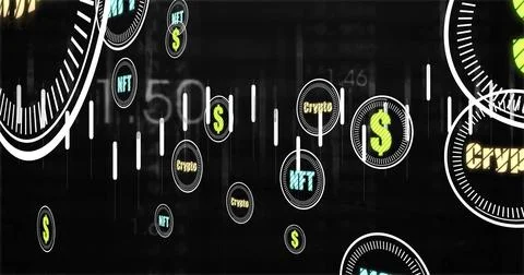 Image of cryptocurrency icons financial data processing over black background 스톡 일러스트