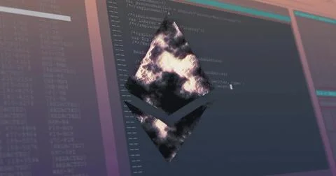 Image of cryptocurrency sign and data processing over dark background Foto stock