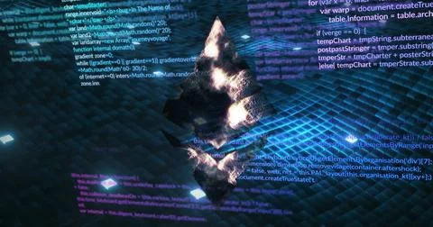 Image of cryptocurrency sign and data processing over dark background Stock Photos