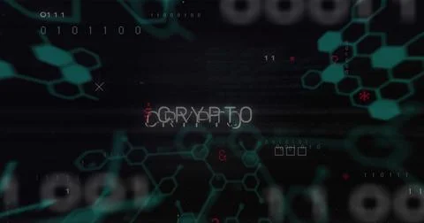 Image of cryptocurrency text and data processing over computer motherboard Stock Photos