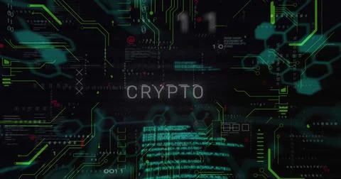 Image of cryptocurrency text and data processing over computer motherboard Stock Photos