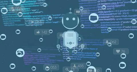 Image of cube in circles, notification bars and flying robot over computer Stockillustratie