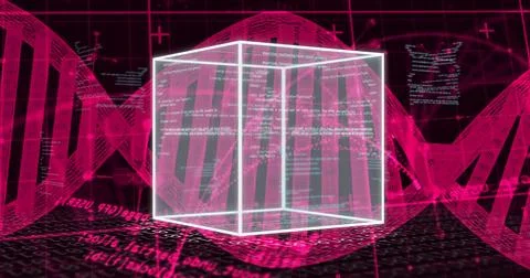 Image of cube, digital data processing over dna stand Stock Illustration