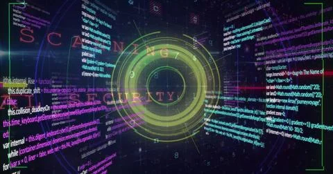 Image of cube in loading circles and computer language over letters, numbers, Stockfoto's