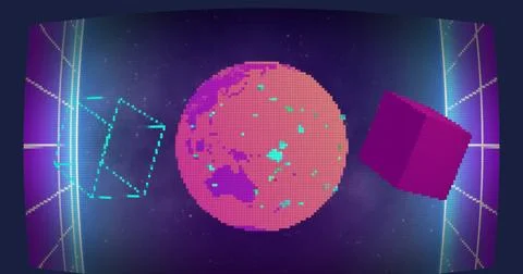 Image of cube shapes and globe spinning over neon grid network against space Stock Illustration
