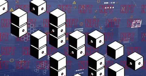 Image of cubes and nft over blurred cityscape 库存插图