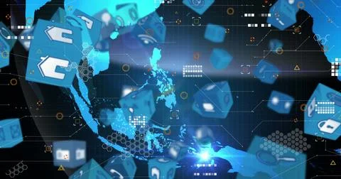 Image of cubes with tech icons over globe on black background Illustrazione stock