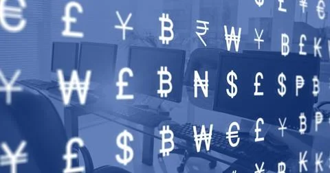 Image of currency and data processing over computers in office Stock Photos