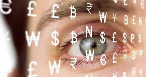 Image of currency data processing over close up of man's eye Stock Photos