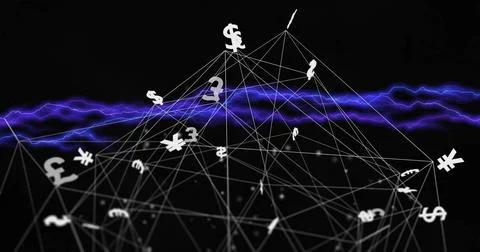 Image of currency data processing over scope on black background 스톡 사진