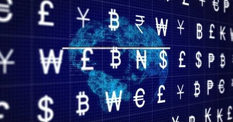 Image of currency financial data processing over globe Ilustração Stock