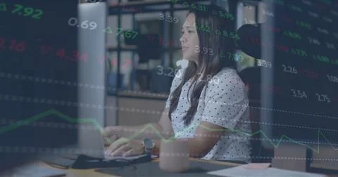 Image of currency icons and data processing over biracial businesswoman in 스톡 사진