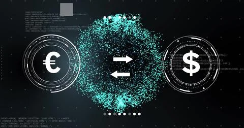 Image of currency symbols with data processing over globe on black background Stockfoto's