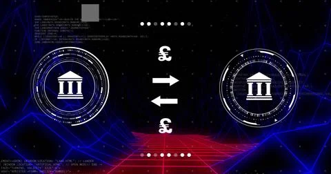 Image of currency symbols with data processing over digital mountains on black Foto stock