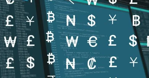 Image of currency symbols over data processing on blue background Stockfoto's