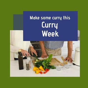 Image of curry week over midsectoin of biracial couple cooking in kitchen Fotos Stock