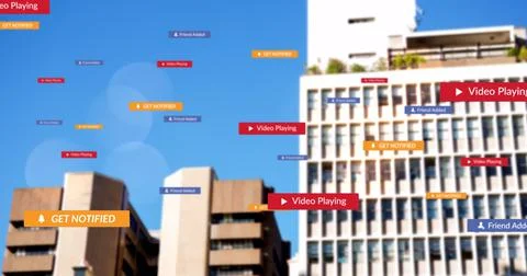 Image of cursor moving over social media icons and text on multi coloured Stock Photos