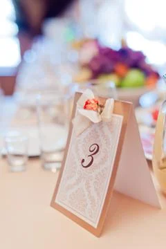 Image of a custom printed table number identifying banquet table Stock Photos