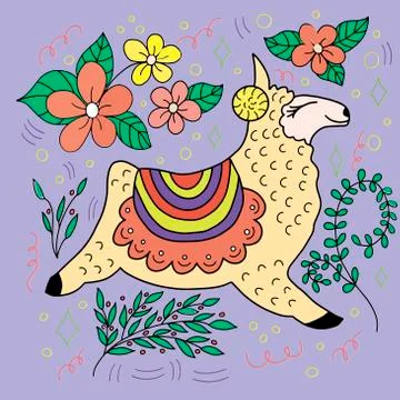 Image of cute alpaca on a lilac background with flowers and leaves. For the Stock Illustration