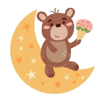 Image with cute cartoon bear with ice cream on the moon. Vector graphics on a Ilustração Stock