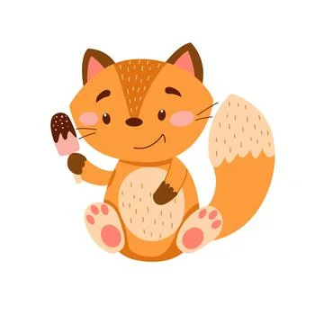 Image with cute cartoon fox with ice cream. Vector graphics on a white Stock Illustration