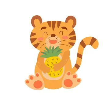 Image with cute cartoon tiger with pineapple. Vector graphics on a white Stock Illustration