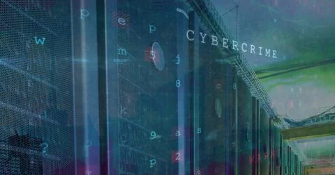 Image of cyber attack warning and data processing over computer servers Stock Illustration