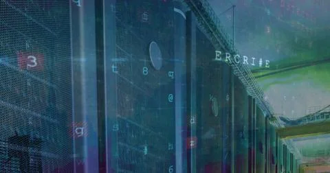 Image of cyber attack warning and data processing over computer servers Stock Illustration