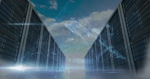 Image of cyber attack warning and padlock over server room Stock Illustration