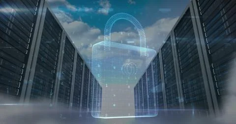 Image of cyber attack warning and padlock over server room Illustrazione stock