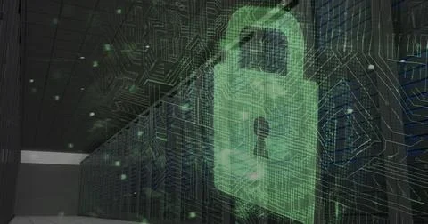 Image of cyber attack warning and padlock over server room Stock Illustration