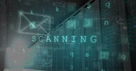 Image of cyber attack warning and envelope icons over server room Stock Illustration