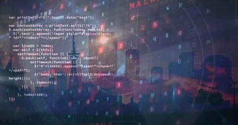 Image of cyber attack warning and data processing over cityscape on red Illustrazione stock